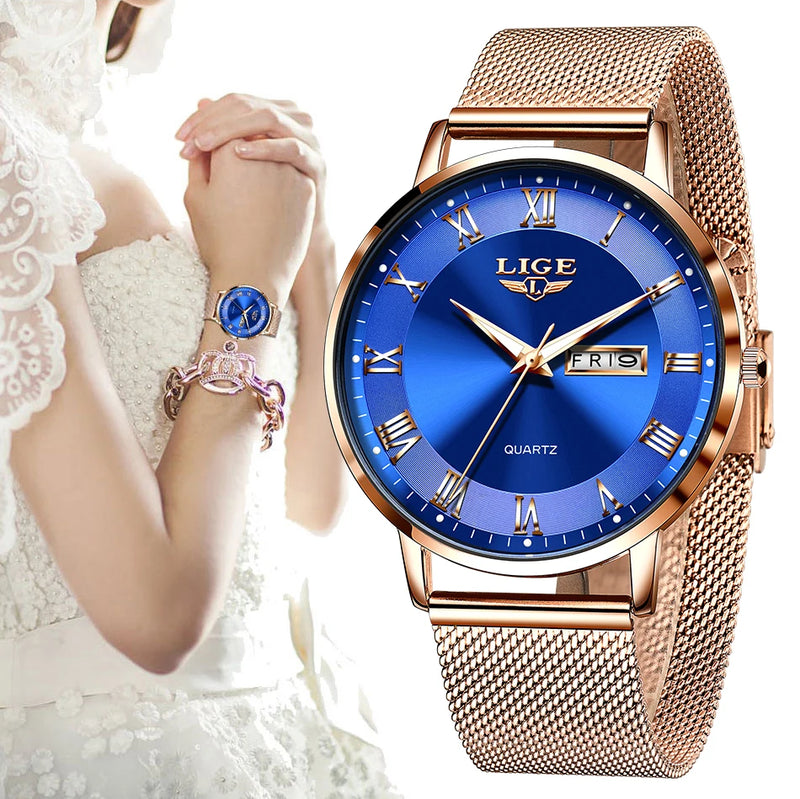 Relógio Feminino LIGE Quartzo Luxuoso com Pulseira de Aço Inoxidável - Ultra Fino e à Prova D'Água