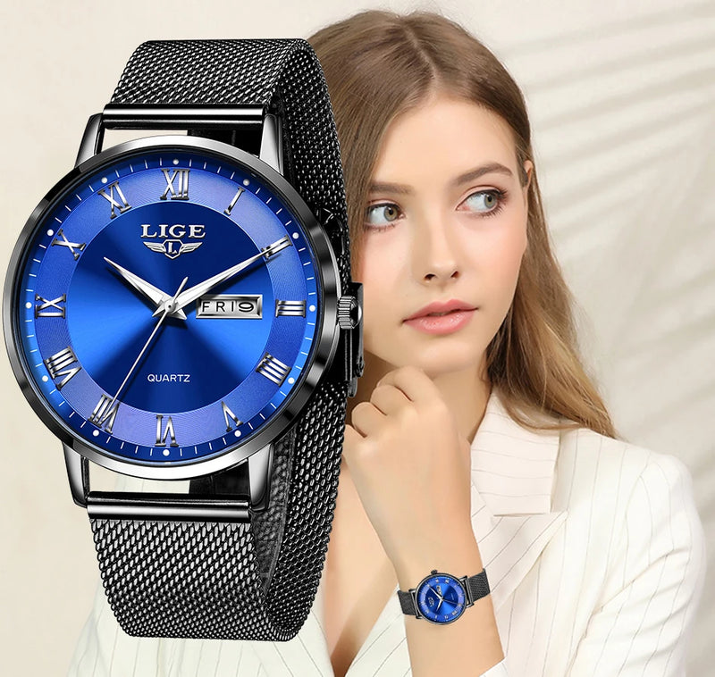 Relógio Feminino LIGE Quartzo Luxuoso com Pulseira de Aço Inoxidável - Ultra Fino e à Prova D'Água