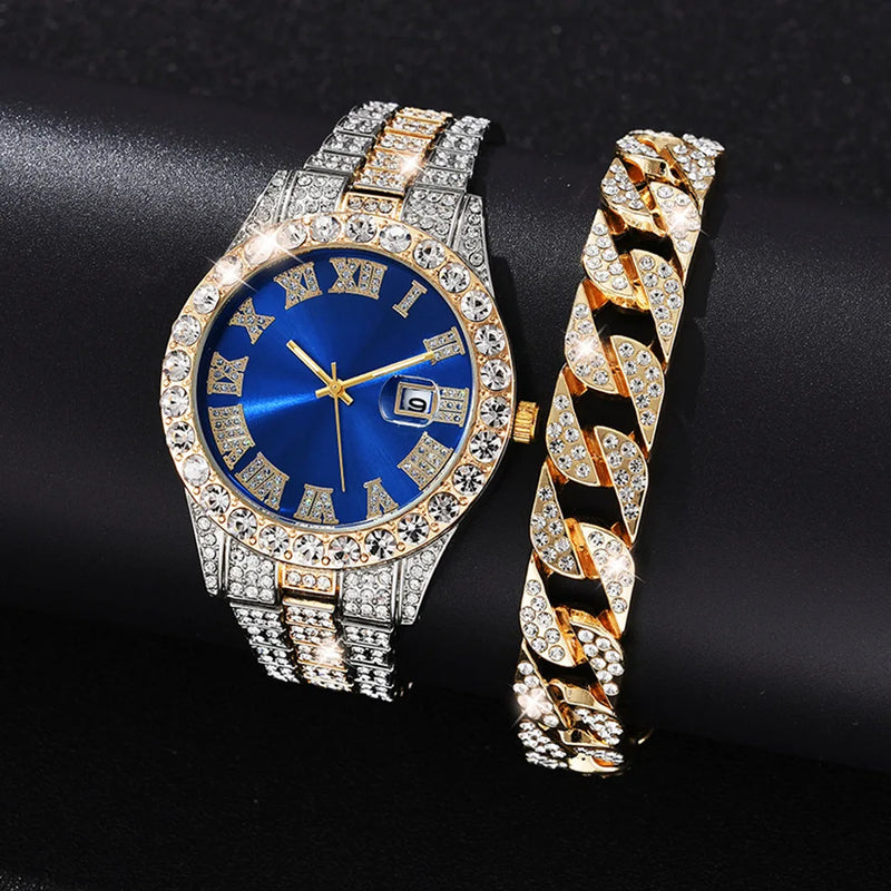 Relógio Masculino de Quartzo com Pulseira de Aço Inoxidável e Pulseira de Ouro – Relógio Hip Hop Dourado com Strass