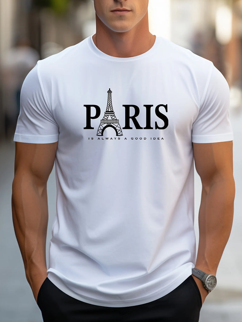 Camiseta Masculina Paris - Estilo Casual, Leve, Gola Redonda, Respirável e Estampa 3D