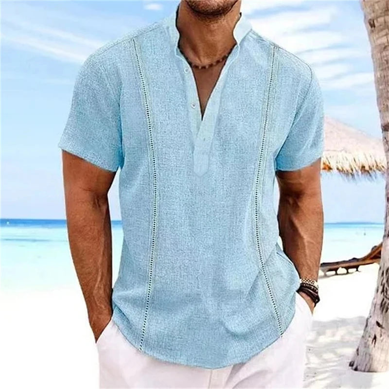 Camisa Henley Listrada Masculina de Verão - Gola Alta, Estampa 3D, Manga Curta e Botões Grandes