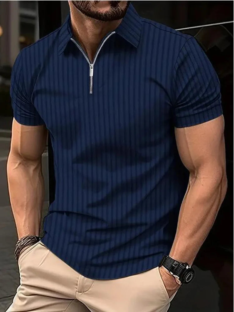 Camiseta Polo Masculina Listrada de Manga Curta com Zíper - Estilo Casual e Elegante para o Verão, Ideal para o Escritório e Lazer