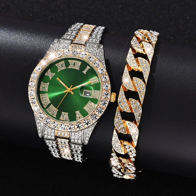 Relógio Masculino de Quartzo com Pulseira de Aço Inoxidável e Pulseira de Ouro – Relógio Hip Hop Dourado com Strass