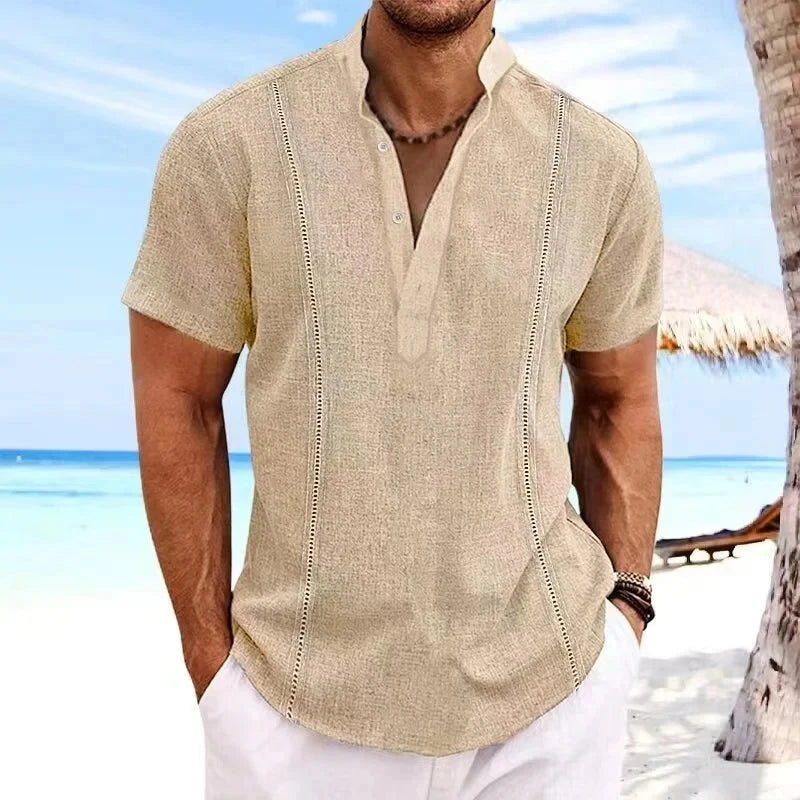 Camisa Henley Listrada Masculina de Verão - Gola Alta, Estampa 3D, Manga Curta e Botões Grandes