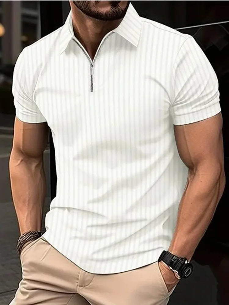 Camiseta Polo Masculina Listrada de Manga Curta com Zíper - Estilo Casual e Elegante para o Verão, Ideal para o Escritório e Lazer