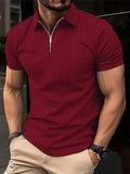 Camiseta Polo Masculina Listrada de Manga Curta com Zíper - Estilo Casual e Elegante para o Verão, Ideal para o Escritório e Lazer