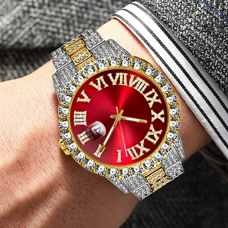 Relógio Masculino de Quartzo com Pulseira de Aço Inoxidável e Pulseira de Ouro – Relógio Hip Hop Dourado com Strass