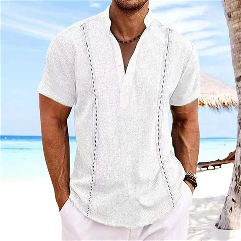 Camisa Henley Listrada Masculina de Verão - Gola Alta, Estampa 3D, Manga Curta e Botões Grandes