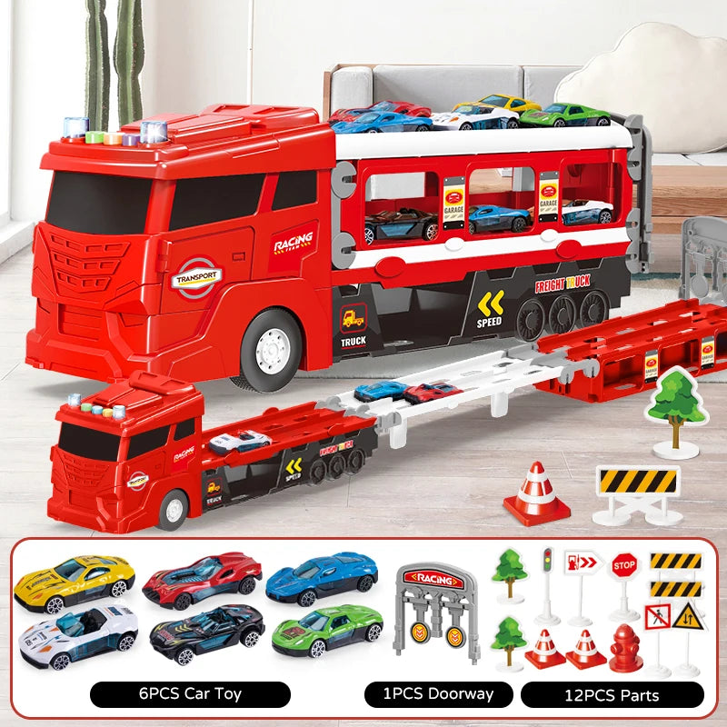 Carro Deformável Infantil - Caminhão Transportador com Lançador de Carros e Sons para Meninos e Meninas 🚒🎶