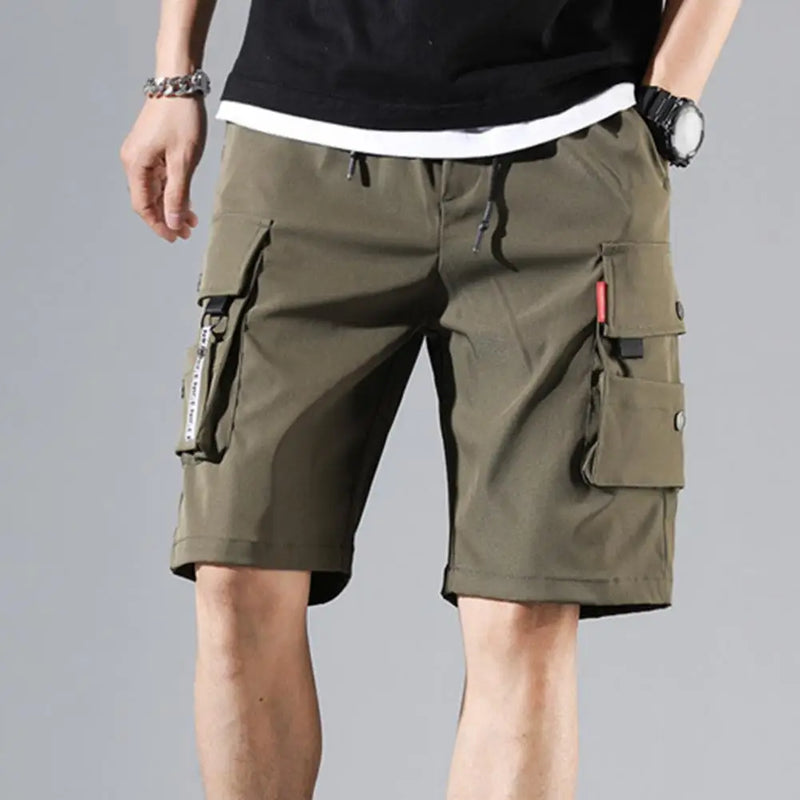 Shorts Cargo Masculino Performance - Cós Elástico, Bolsos Funcionais, Cor Sólida, Casual e Versátil