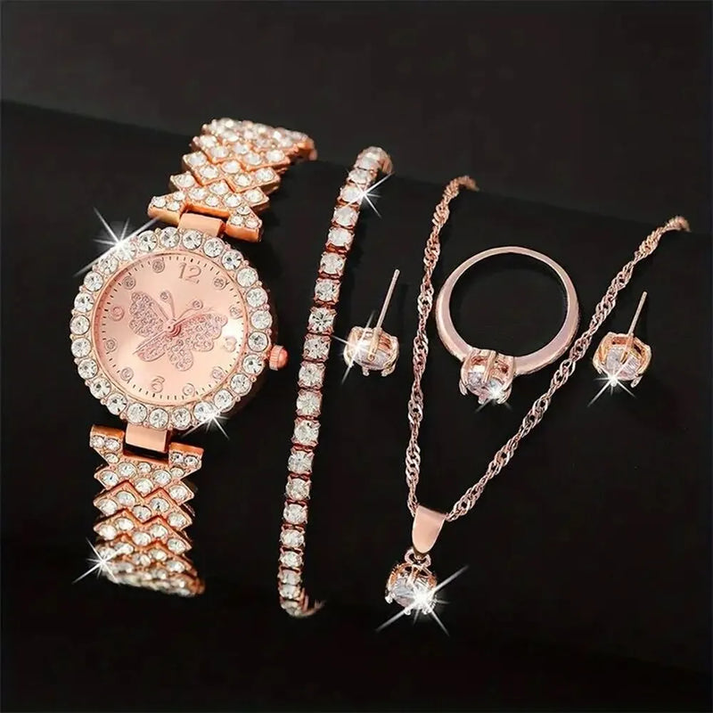 Conjunto de 6 Peças de Joias de Ouro Rosa - Relógio de Luxo Feminino + Anel, Colar e Brinco com Strass