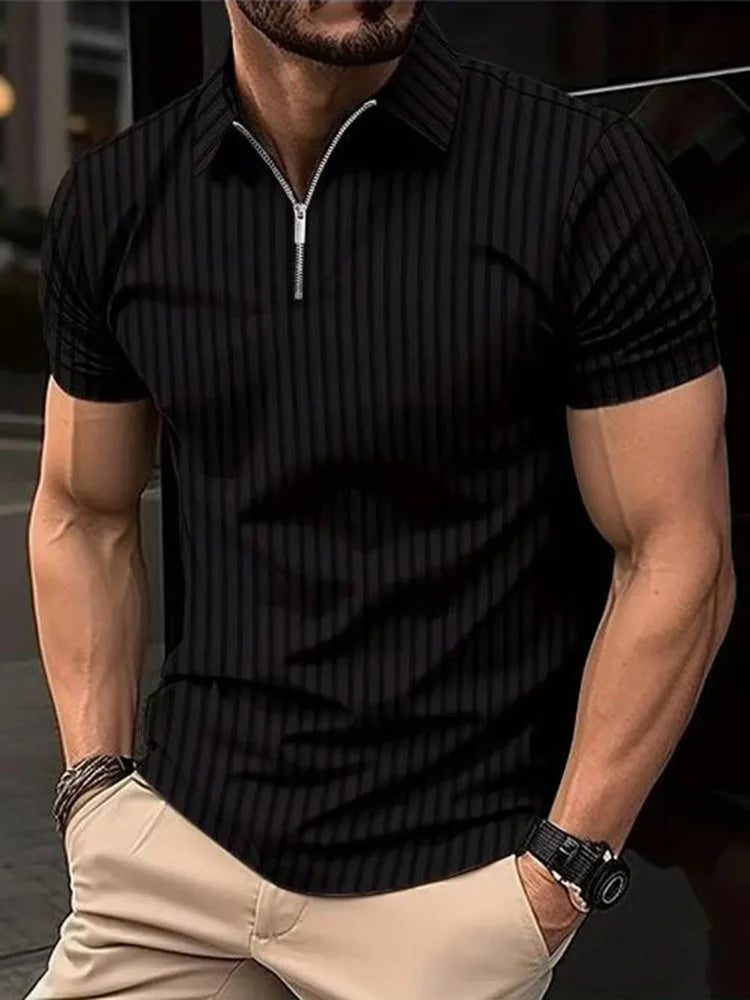 Camiseta Polo Masculina Listrada de Manga Curta com Zíper - Estilo Casual e Elegante para o Verão, Ideal para o Escritório e Lazer