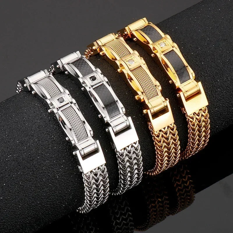 Pulseira Masculina de Aço Inoxidável com Zircônia Cúbica - Estilo Moderno e Luxuoso