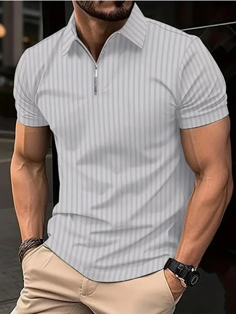 Camiseta Polo Masculina Listrada de Manga Curta com Zíper - Estilo Casual e Elegante para o Verão, Ideal para o Escritório e Lazer