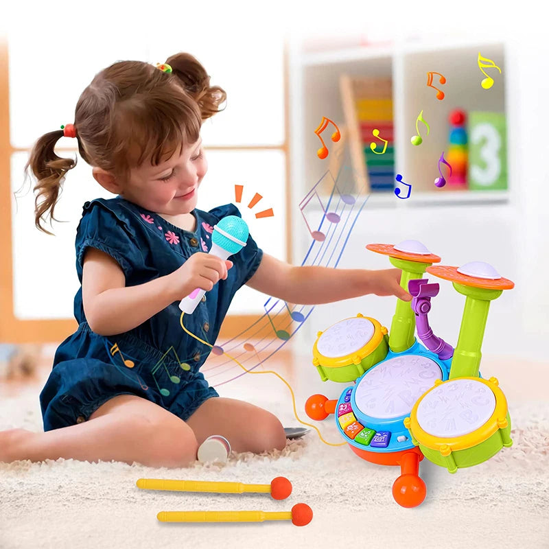 Conjunto de Bateria Infantil para Crianças - Brinquedo Musical com Microfone e Luzes para Meninas de 1 a 3 Anos 🎤✨