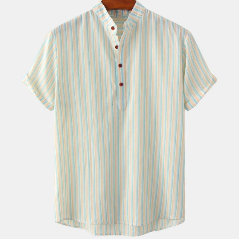 Camisa Henley Listrada Masculina de Verão - Gola Alta, Estampa 3D, Manga Curta e Botões Grandes