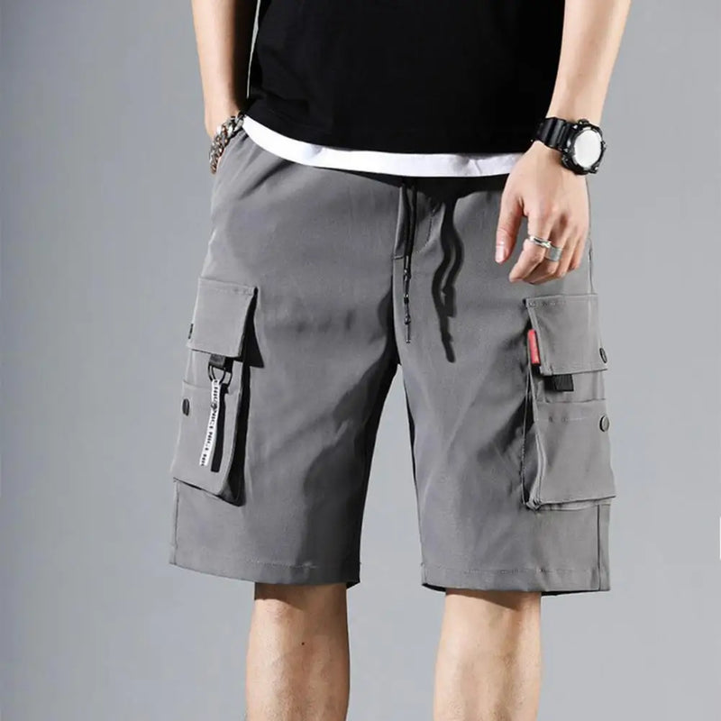 Shorts Cargo Masculino Performance - Cós Elástico, Bolsos Funcionais, Cor Sólida, Casual e Versátil