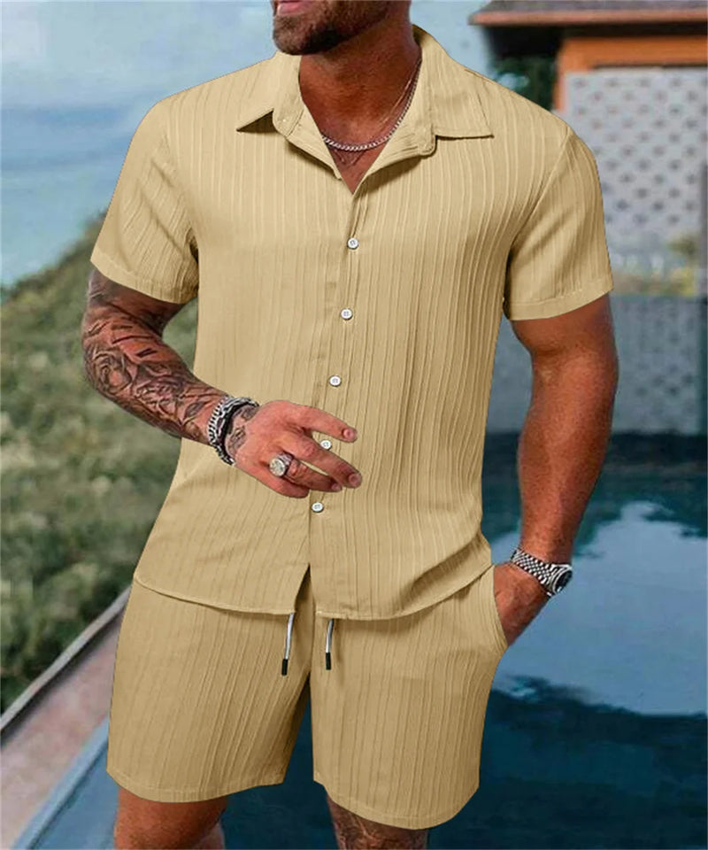 Conjunto Praia Masculino - Camisa de Lapela e Shorts Listrado