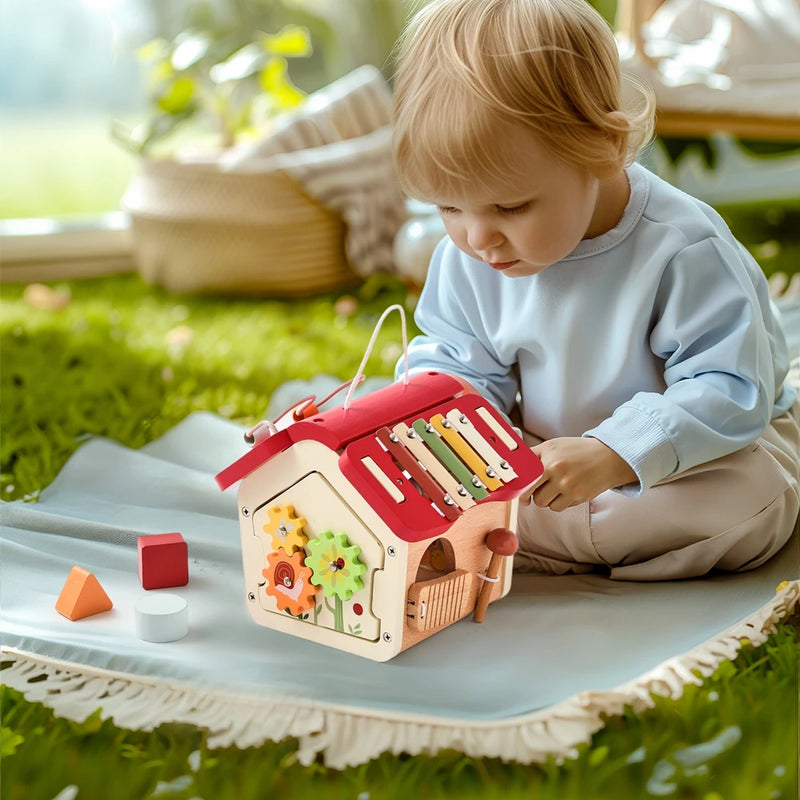 Brinquedo Montessori de Madeira - Caixa Ocupada com Blocos Educativos para Bebês