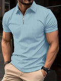 Camiseta Polo Masculina Listrada de Manga Curta com Zíper - Estilo Casual e Elegante para o Verão, Ideal para o Escritório e Lazer