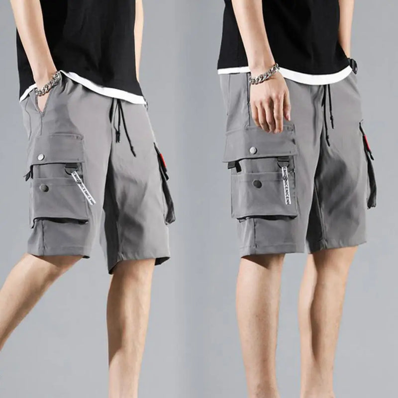 Shorts Cargo Masculino Performance - Cós Elástico, Bolsos Funcionais, Cor Sólida, Casual e Versátil