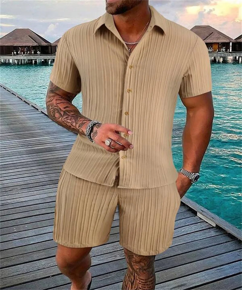 Conjunto Praia Masculino - Camisa de Lapela e Shorts Listrado