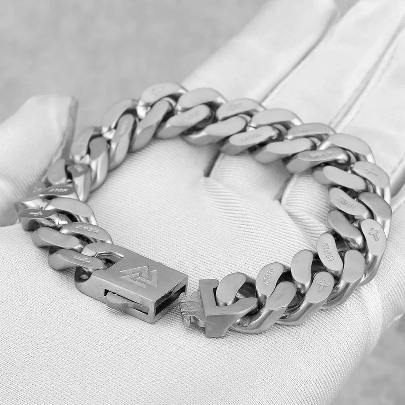 Pulseira Masculina de Aço Inoxidável com Corrente Cubana e Amuleto Runa Valknut